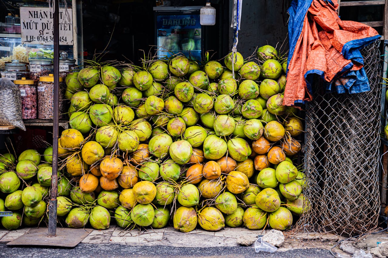 Vibrant display of fresh coconuts stacked outside a Vietnamese market, ideal for travel and food themes.